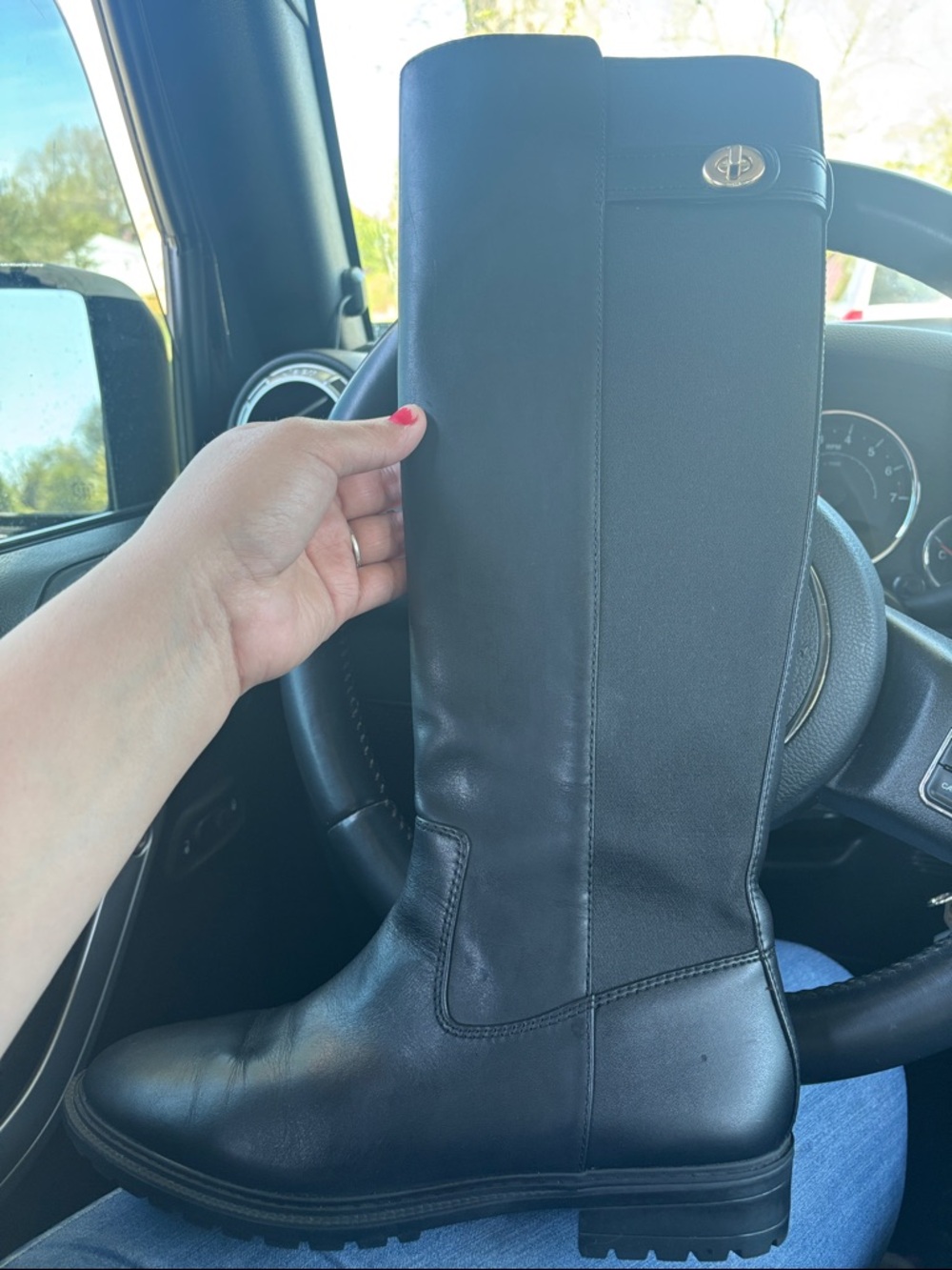 Coach Black Tall Leather Moto Boots with Turn-Lock Accent